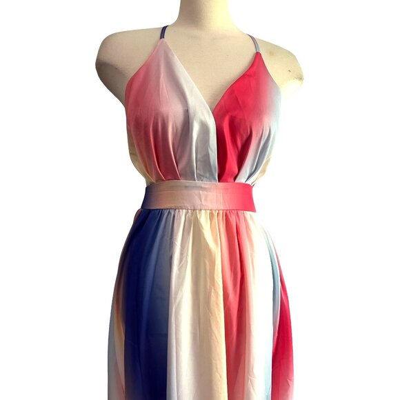 Silky Tie Die Color Splash Open Back Strappy Maxi Dress Sz Medium Womens Flowy L - Picture 6 of 14